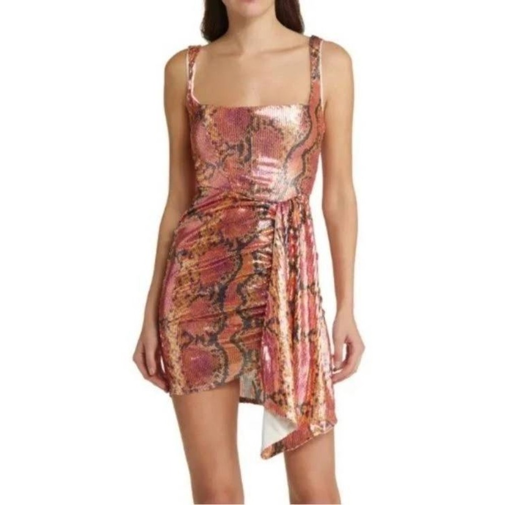 ASOS DESIGN Pink Orange Sequin Snakeskin Ruched Mini Dress with Sash US 8